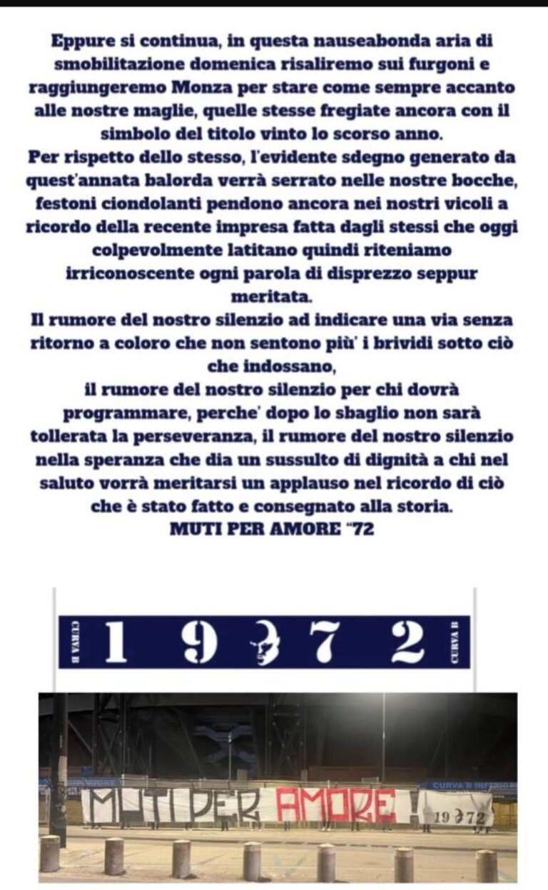 Monza-Napoli, gli Ultras 1972 annunciano la protesta