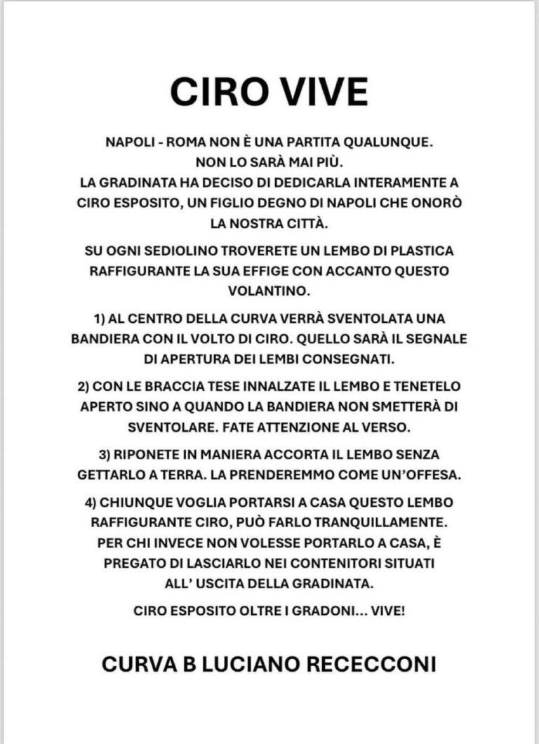 Napoli-Roma, la Curva B ricorda Ciro Esposito: “Ciro Vive”