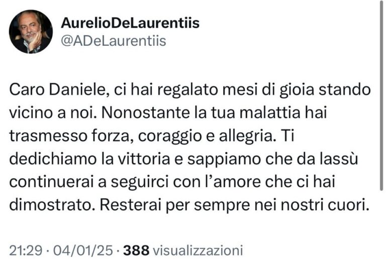 De Laurentiis su x: “Ciao Daniele, ti dedichiamo la vittoria”